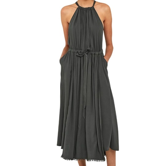 Free People Dresses & Skirts - Free People Spring Love Midi Dress Carbon Gray Halter Open Back Pom Trim XS Boho